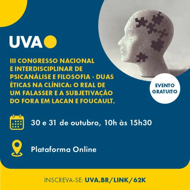 Evento interdisciplinar que explora as éticas de Jacques Lacan e Michel Foucault, refletindo sobre suas ideias no contexto contemporâneo de crises sociais e estratégias de poder no capitalismo atual.

Inscreva-se pelo link na bio!

#UVA #Evento #DuasÉticasNaClínica #Lacan #Foucault #Ética #Contemporaneidade