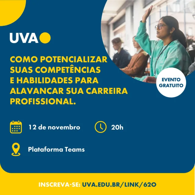 💼✨ Quer dar um salto na sua carreira? Descubra como potencializar suas competências e habilidades para se destacar no mercado e conquistar novas oportunidades! 

#UVA #Evento #Carreira #DesenvolvimentoProfissional #Sucesso