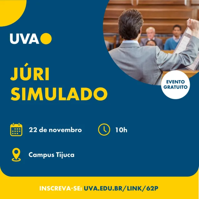 Quer ter a chance de participar de um Júri Simulado, assumindo papéis como advogados, juízes, promotores e jurados? Essa vivência proporciona uma compreensão real do funcionamento do Tribunal do Júri, aprimorando habilidades essenciais para a carreira jurídica. 

Não perca essa oportunidade de aprendizado na prática! Faça sua inscrição pelo link na bio. 

#UVA #Evento #JúriSimulado #Direito #ExperiênciaJurídica