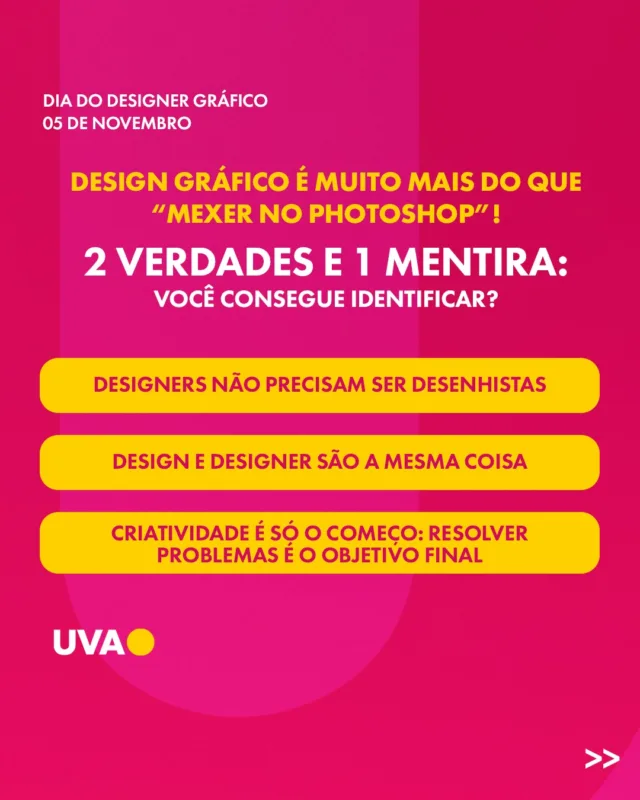 💡 No Dia do Designer Gráfico, desvendamos verdades e mitos dessa profissão essencial! Ser designer vai além do desenho: é sobre entender necessidades, criar soluções e transformar a forma como vemos o mundo. 🌐 E aí, você acertou as verdades? 😉

#DiadoDesignerGráfico #VerdadeOuMito #CriatividadeComPropósito #DesignDeImpacto #UVA #DiaDoDesigner