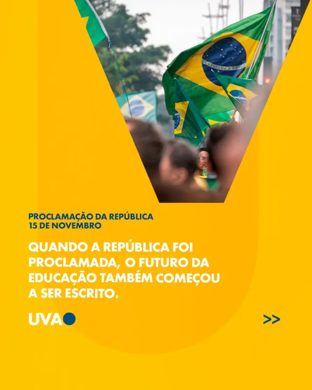 📚 A Proclamação da República abriu caminho para uma educação mais acessível e transformadora no Brasil. Há 52 anos, a UVA contribui para essa missão, formando líderes que moldam um país mais justo e democrático. Quer saber mais sobre o nosso papel na educação? Acompanhe-nos e faça parte dessa história! 

#ProclamaçãoDaRepública #EducaçãoNoBrasil #Universidades #UVA #Liderança #Cidadania #TransformaçãoSocial