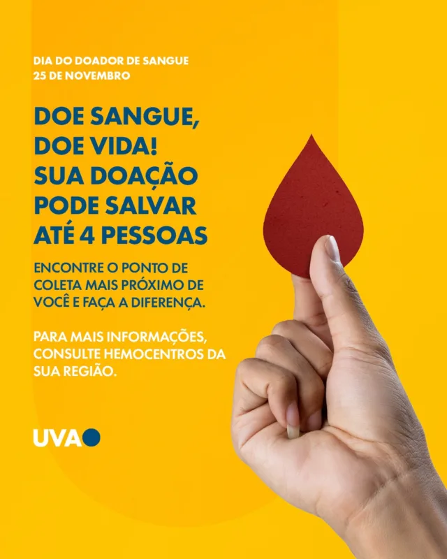 A doação de sangue é um ato de amor que salva vidas! ❤️ Quando você doa, pode ajudar até 4 pessoas em situações de emergência, cirurgias e tratamentos graves. Quer fazer a diferença? É simples, seguro e rápido!

Vamos juntos promover a solidariedade e o cuidado com a vida. Doe sangue regularmente e incentive outras pessoas a fazerem o mesmo! 💉💪

#UVA #DoeSangue #DoeVida #DiaDoDoador #Solidariedade #Saúde #Hemorio #DoaçãoQueSalva #Vida