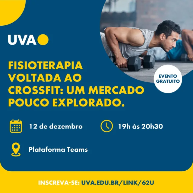 Descubra como a Fisioterapia é essencial para o Crossfit! O evento abordará práticas para prevenção de lesões, recovery e tratamento, ajudando a manter a performance e a saúde dos praticantes. Não perca essa oportunidade de aprender mais sobre cuidados que fazem a diferença!

Faça sua inscrição pelo link na bio! 

#UVA #Evento #FisioterapiaNoCrossfit #PrevençãoEPerformance