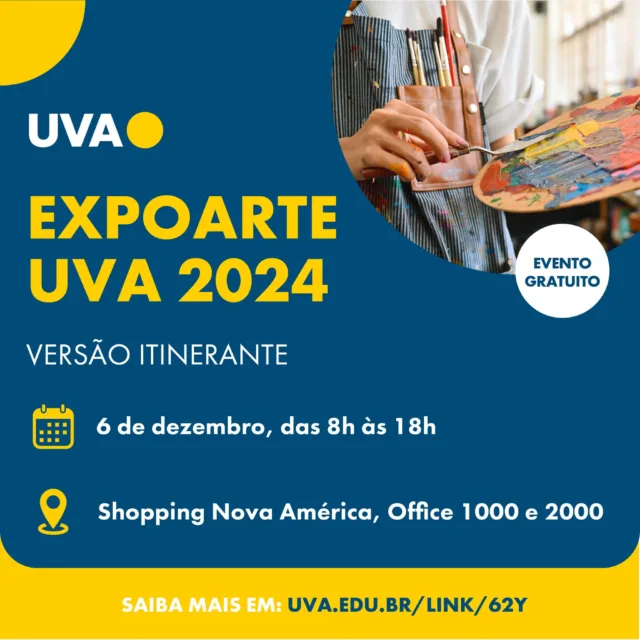 🎨🌟 ExpoArte UVA 2024 - Versão Itinerante chega ao Shopping Nova América! Obras de alunos de Artes Visuais, Jornalismo, Publicidade e Cinema irão explorar, através da exposição Ressonâncias, as conexões humanas em suas formas mais sensíveis e reflexivas.

Venha prestigiar e vivenciar a criatividade e o talento universitário que transformam olhares e ampliam perspectivas. Esperamos você! ✨

#UVA #Evento #ExpoArteUVA2024 #ArteEmMovimento #CulturaParaTodos