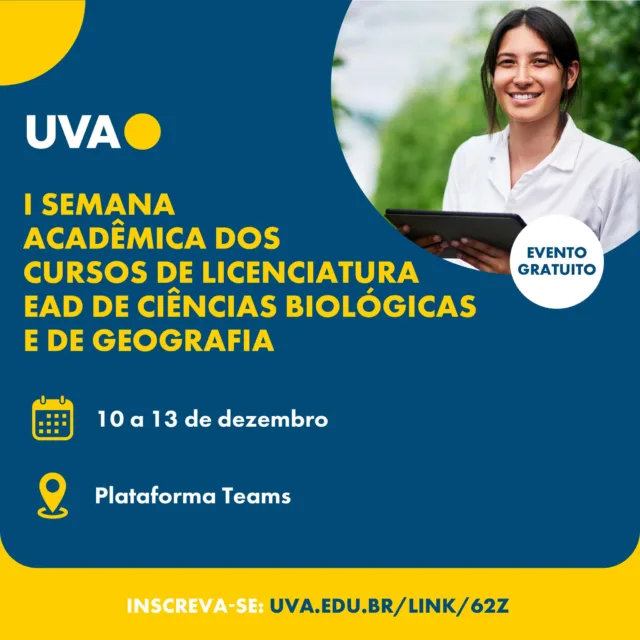 Uma oportunidade única para integrar estudantes, professores e profissionais de Ciências Biológicas e Geografia! O evento traz discussões científicas e educacionais, além de destacar projetos de extensão, com atividades como mesa-redonda, palestras, apresentações de projetos e uma oficina presencial. Vamos juntos conectar teoria e prática de forma dinâmica e colaborativa!

Faça inscrição pelo link na bio. 

#UVA #Evento #SemanaAcadêmica #CiênciasBiológicas #Geografia #Educação